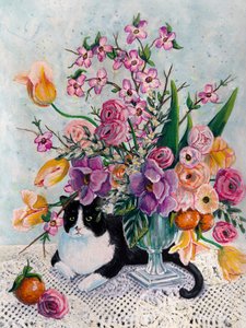 Tuxedo Cat Spring Blooms by Renee Machan Cottagecore Artist