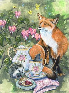 Afternoon Tea Fox Hedgehog and Mouse With Bleeding Heart Flowers