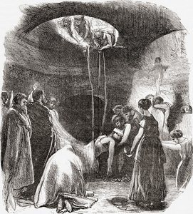 An early Christian burial in The Catacombs of Rome, Italy. From Italian Pictures by Rev. Samuel Manning, published c.1890.
