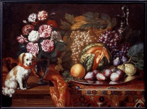 Still Life with Dwarf Spaniel by Reynaud Levieux