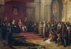 Christopher Columbus received by the Catholic kings in Barcelona on his return from his first trip to the Americas, painting of 1874 by Ricardo Balaca
