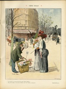 Illustration by Ricardo Flores (1878-1918) in Le Rire, 25/04/08 - Triple Excerpt - Architecture Urbanism, Fashion, Hat, Transport, Flowers, Shops by Ricardo Flores