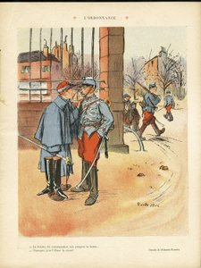 Illustration by Ricardo Flores (1878-1918) in The Rire, 05/06/09 - The Ordinance - Army, Urban Architecture, Love