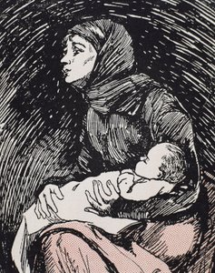 Christmas Eve. 1900. A skinny woman with her child in her arms (engraving) by Ricardo Maria Navarrete