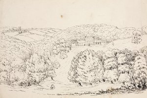 Pencil Sketch of a Building on a Wooded Hillside, South Atlantic by John Pardon