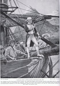 Captain Cook approaching New Zealand, illustration from 