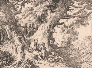 Old Trees with Old Man, Child and Dog