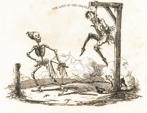 Vignette of a Skeleton and a Man Hanging from a Gibbet