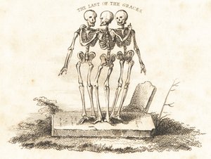 Vignette of Three Skeletons on a Gravestone (engraving)