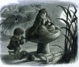 A water fairy sitting on a mushroom is courted by a lover. In 