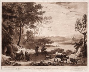 Liber Veritatis: No. 42, A River Landscape with a Shepherd and Shepherdess and a Herd of Cattle by Richard Earlom