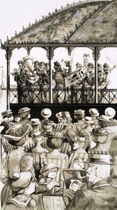 A municipal band in uniform plays popular tunes by the seaside by Richard Hook