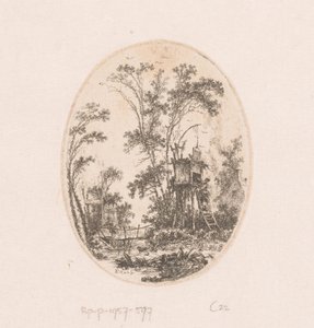 Landscape with Wooden Structure on Piles, Woman on a Bridge to the Left by Richard de Saint Non