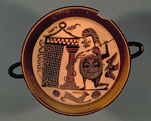 Laconian black-figure cup depicting a warrior attacking a snake by Rider Painter
