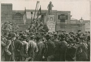 The Great Strike of Dock Labourers at the East End: Mr John Burns addressing the men on strike at the gates of the East and West India Docks by Robert Barnes