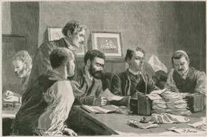 The Great Strike of Dock Labourers at the East End: The Finance Committee Issuing Relief Tickets at the Wade Arms, Jeremiah Street, Poplar, the Strikers