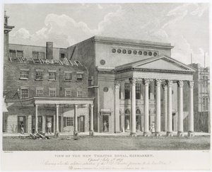 View of the New Theatre Royal, Haymarket, Opened July 4th 1821, Showing also the Relative Situation of the Old Theatre Previous to its Demolition, engraved by Dale, 1822 by Robert Blemell Schnebbelie