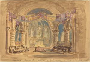 Harold Scene 3 Cathedral (The relics covered with cloth at centre)