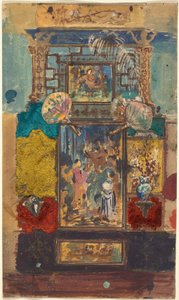 Stage Set Consisting Of Painted Panels, Fabrics, And Fans