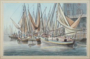 View of Billingsgate Wharf with Boats on the Water, City of London by Robert Clevely