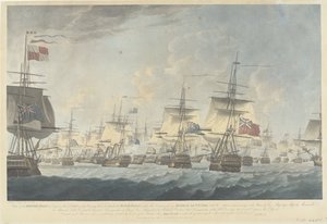 Battle of Camperdown (1797): Attack by the British Fleet (title on object: View of the British Fleet at Noon on the 11 October 1797, Bearing down to attack the Dutch Fleet) by Robert Dodd
