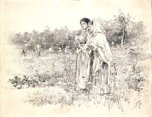 Two Girls Standing Before a Grave by Robert Frederick Blum