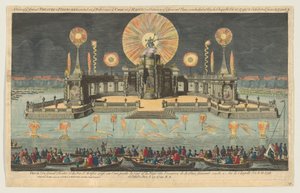 A View of the Grand Theatre & Fireworks erected on the Water near the Court at the Hague, 1794