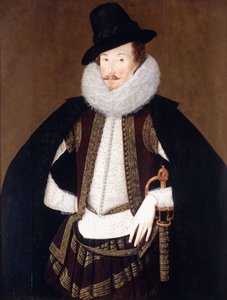 Portrait of Sir Charles Cornwallis, in a Fur Trimmed Black Cloak, White Doublet and Brown, Gold Embroidered Waistcoat by Robert Peake