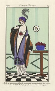 White Charmeuse Dress with Violet Silk Muslin Tunic Embroidered in Green and Trimmed with Skunks. Etruscan Velvet Coat, from Costumes Parisiens, Published 1913 by Robert Pichenot