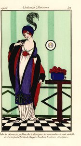 Woman in White Charmeuse Satin Gown with Violet Chiffon Tunic Trimmed with Skunk Fur, Cape of Etruscan Velvet by Robert Pichenot