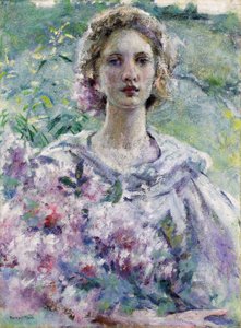 Woman with Flowers. Painting by Robert Reid (1862-1929). Oil on canvas. Private collection.