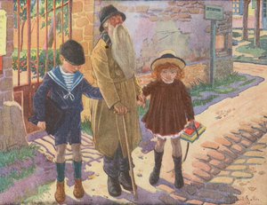 Two Children Helping an Old Blind Man After He Lost His Stick by Robert Salles