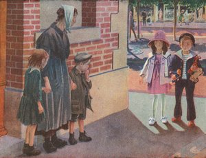 Two Wealthy Children Encountering a Poor Mother and Her Children Begging on the Street by Robert Salles