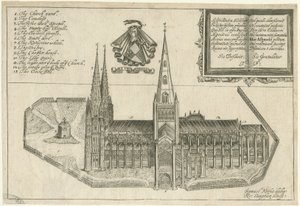 Lichfield Cathedral - South View: Copper-Plate Engraving, nd [17th cent] by Robert Vaughan