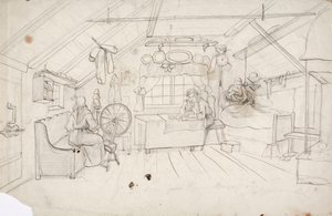 Interior with Three People: One Drinking Coffee in Bed, One Eating Porridge at the Table, and One by the Spinning Wheel
