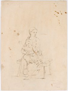 Young Woman Sitting on a Bench with a Small Child in Her Lap by Robert Wilhelm Ekman