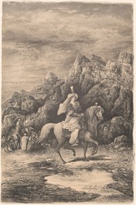 Oriental Horsewoman in a Desolate Mountain Landscape by Rodolphe Bresdin