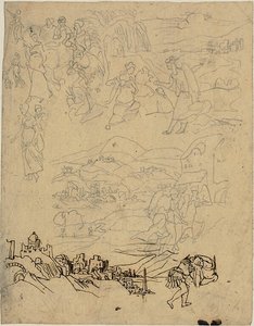 Sketches of Biblical Scenes, Town by Lake, Mountain Village, Warrior by Rodolphe Bresdin