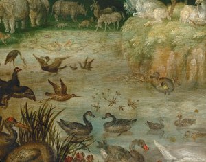 The Pond. Animals Drinking, Ducks Swimming, a Unicorn in the Background by Roelandt Jacobsz. Savery