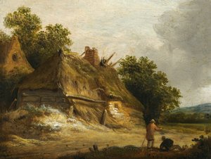 Two figures passing along the road before a cottage