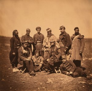 French General Cisse and group of Officers and Soldiers, Portrait in Various Styles of Uniforms; a Zouave Stands at Left, Crimean War, Crimea, Ukraine
