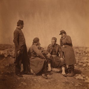 Two French Soldiers Standing next to Three Zouave Soldiers Sitting and Smoking, Crimean War, Crimea, Ukraine