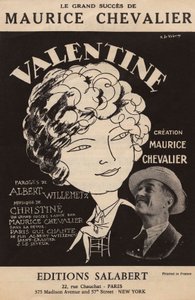 Cover of the Score of the Great Success of Maurice Chevalier “Valentine” by Roger de Valerio