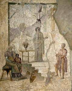 Cassandra prophecies the fall of Troy, her father Priam, her brother Paris holding the apple of Discord, and a warrior (probably Hector) - Fresco by Roman