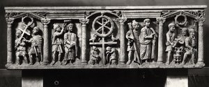 Christian sarcophagus decorated with scenes of the Passion of Christ including the Arrest and Christ before Pontius Pilate, from the Catacombs of St. Domitilla by Roman