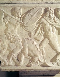 Detail of a sarcophagus depicting a Roman soldier fighting a Galatian by Roman