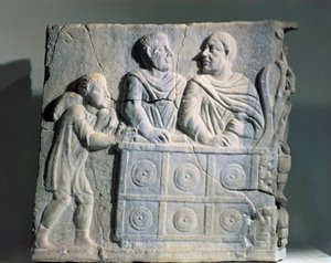 Fragment of Sarcophagus Depicting Moneychanger, from Rome, Viale del Re by Roman