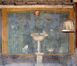 Fresco with Fountain, Mask and Birds, House of Venus in Shell, Pompeii by Roman