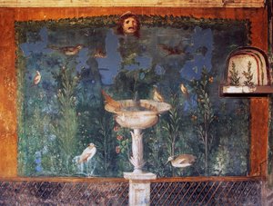 Fresco with fountain, mask and birds, House of Venus in shell, Pompeii, Campania, Italy, Roman civilization by Roman
