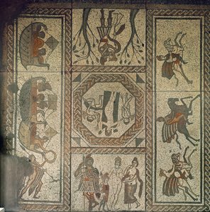 Mosaic pavement from the Roman villa at Low Ham, illustrating the story of Dido and Aeneas from Virgil